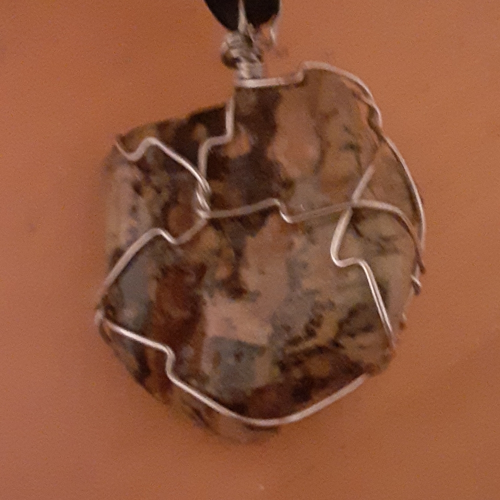 Silver wrapped Green, Brown and Black stone